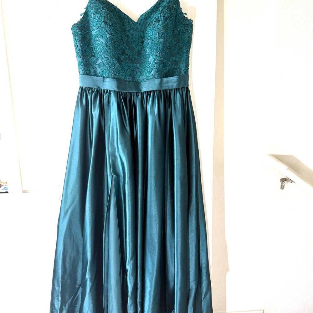 Teal Lace & Satin Evening Dress with Side Slit